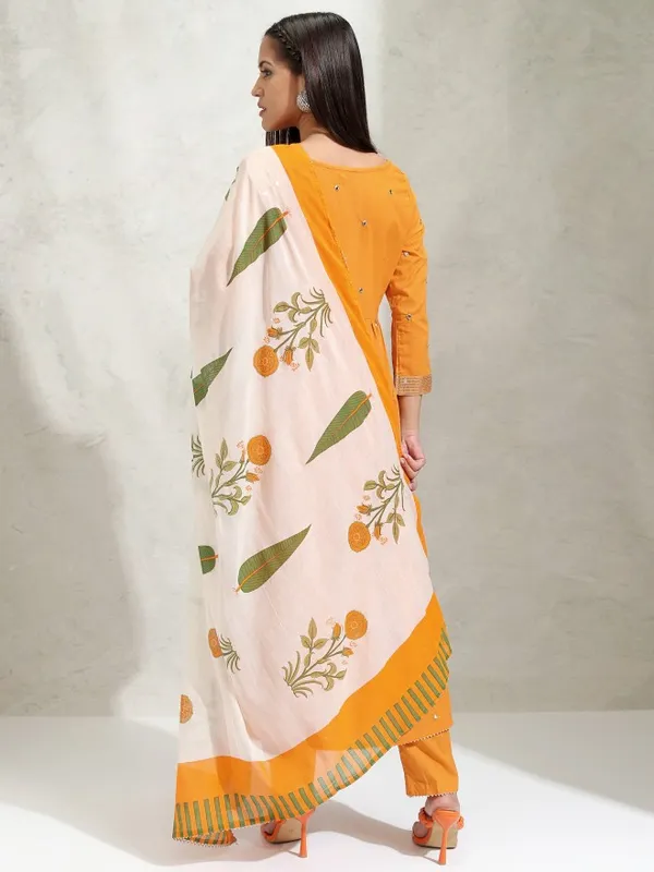 Vishudh Women Orange Embroidered Gathered Kurta With Slim Pants & Dupatta
