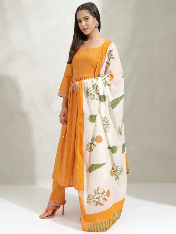 Vishudh Women Orange Embroidered Gathered Kurta With Slim Pants & Dupatta