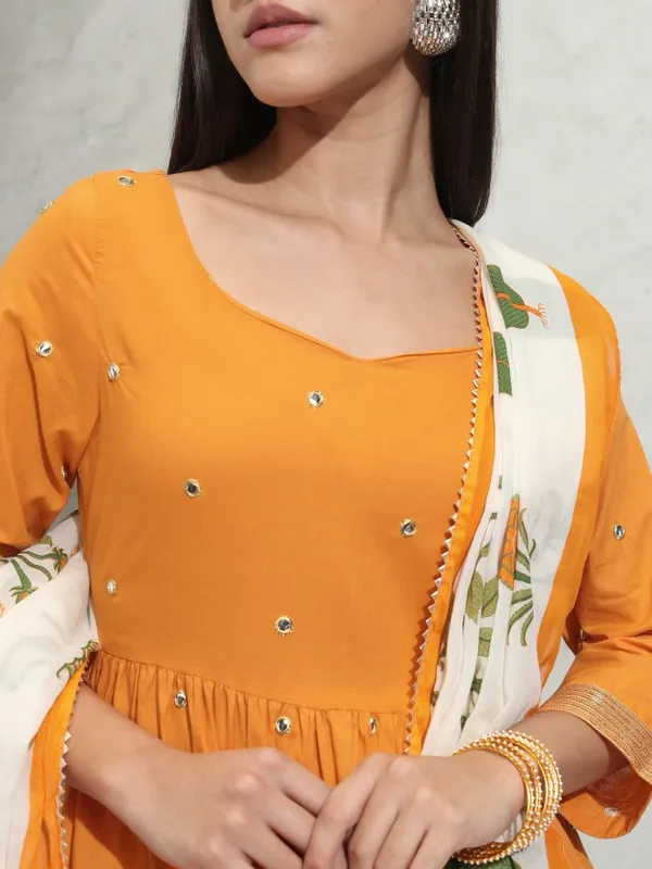 Vishudh Women Orange Embroidered Gathered Kurta With Slim Pants & Dupatta