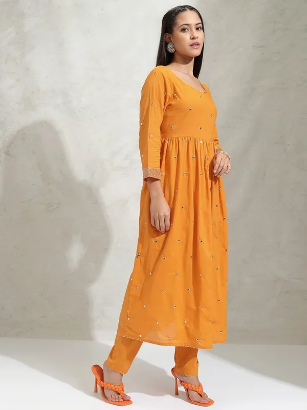 Vishudh Women Orange Embroidered Gathered Kurta With Slim Pants & Dupatta