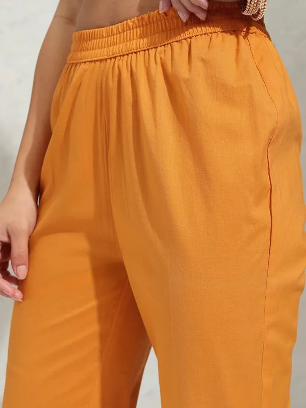 Vishudh Women Orange Embroidered Gathered Kurta With Slim Pants & Dupatta