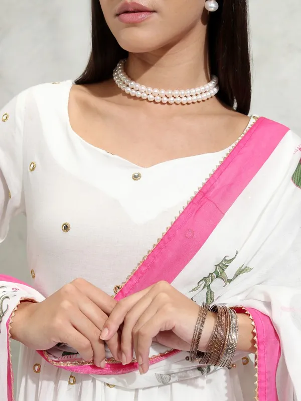 Vishudh Women White Embroidered Gathered Kurta With Slim Pants & Dupatta