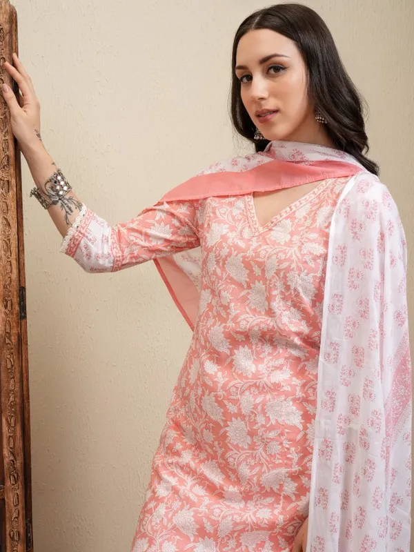 Vishudh Women Peach Printed Kurta With Trousers And Dupatta