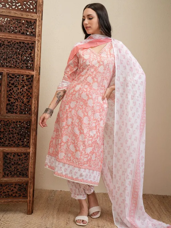 Vishudh Women Peach Printed Kurta With Trousers And Dupatta