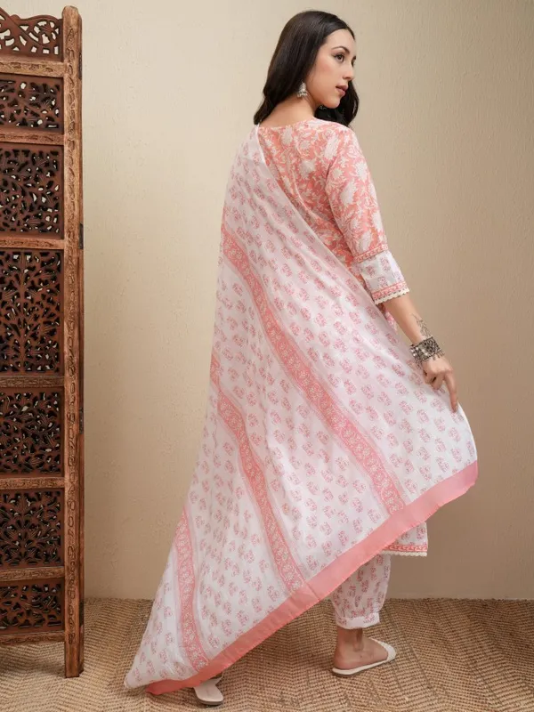 Vishudh Women Peach Printed Kurta With Trousers And Dupatta