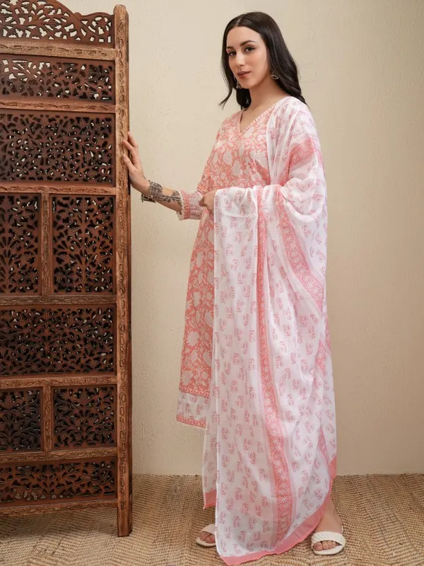 Vishudh Women Peach Printed Kurta With Trousers And Dupatta
