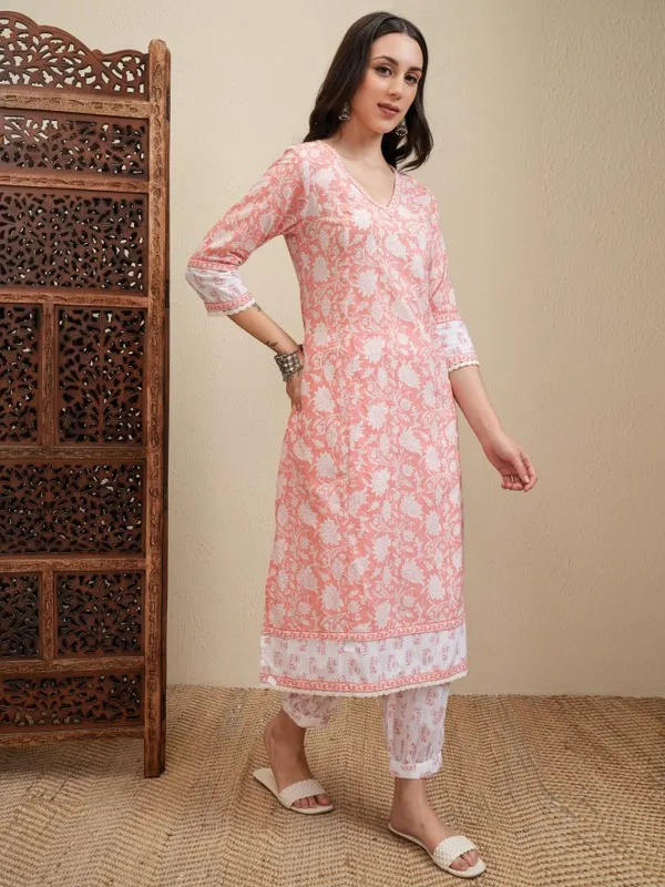 Vishudh Women Peach Printed Kurta With Trousers And Dupatta