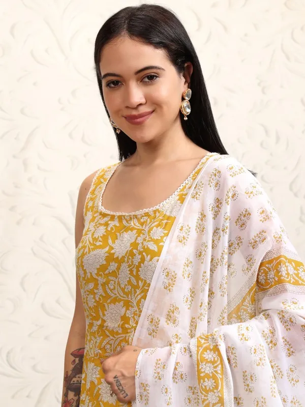 Vishudh Women Yellow Printed Kurta With Trousers And Dupatta