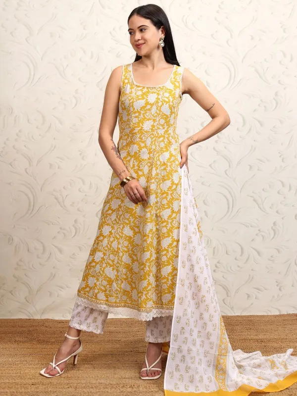 Vishudh Women Yellow Printed Kurta With Trousers And Dupatta