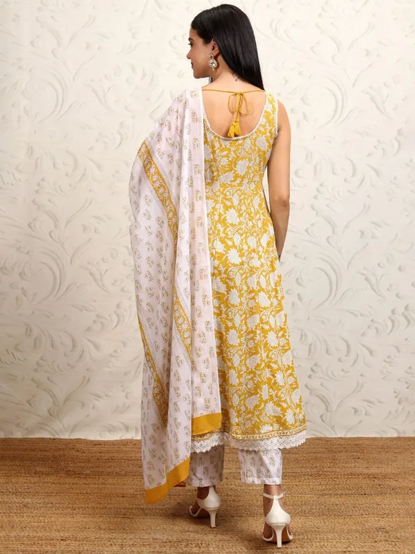 Vishudh Women Yellow Printed Kurta With Trousers And Dupatta