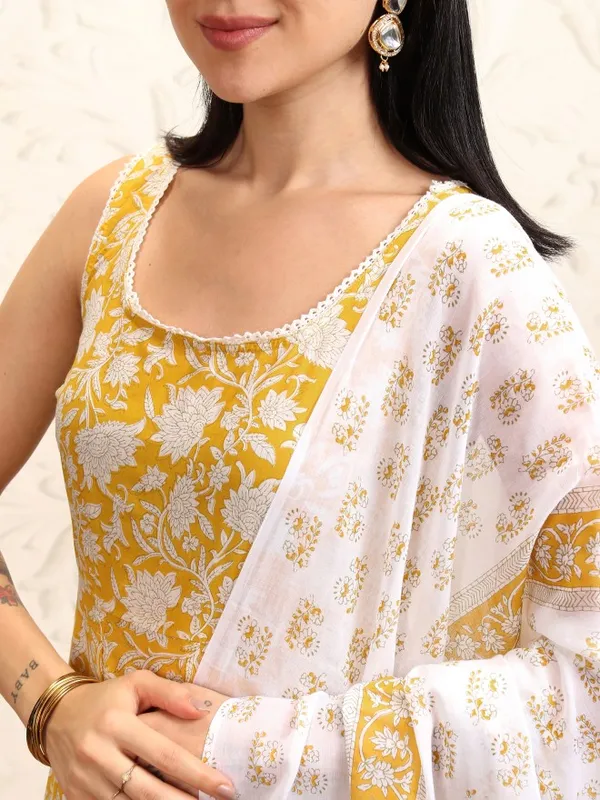 Vishudh Women Yellow Printed Kurta With Trousers And Dupatta
