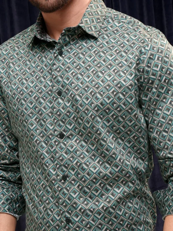 Locomotive Premium Men Teal Printed Slim Fit Casual Shirt