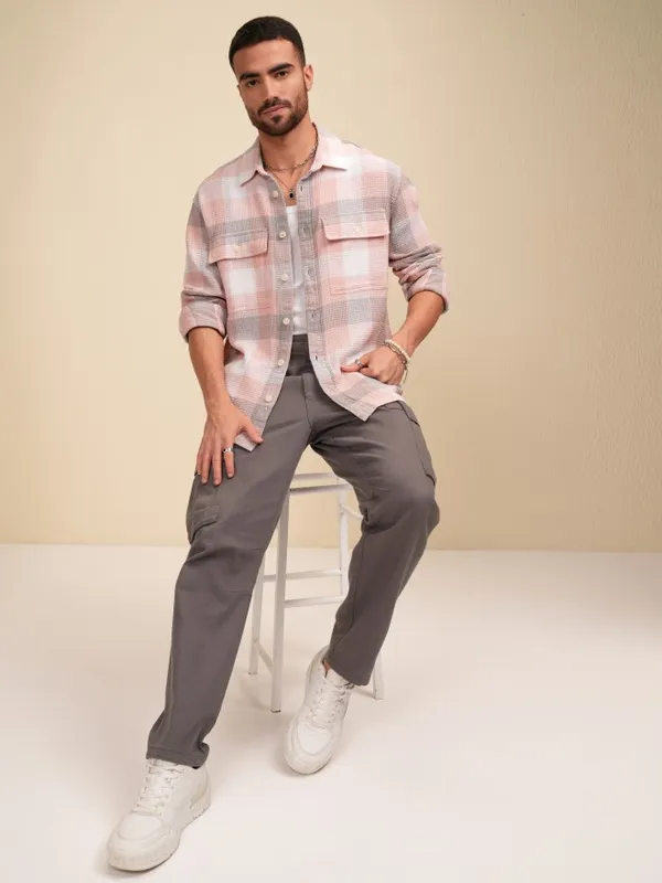 Locomotive Men Peach Checked Oversized Fit Casual Shirt
