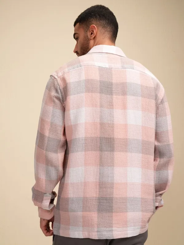 Locomotive Men Peach Checked Oversized Fit Casual Shirt