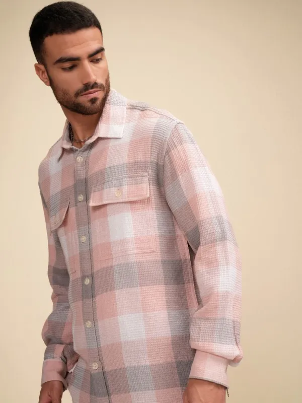 Locomotive Men Peach Checked Oversized Fit Casual Shirt