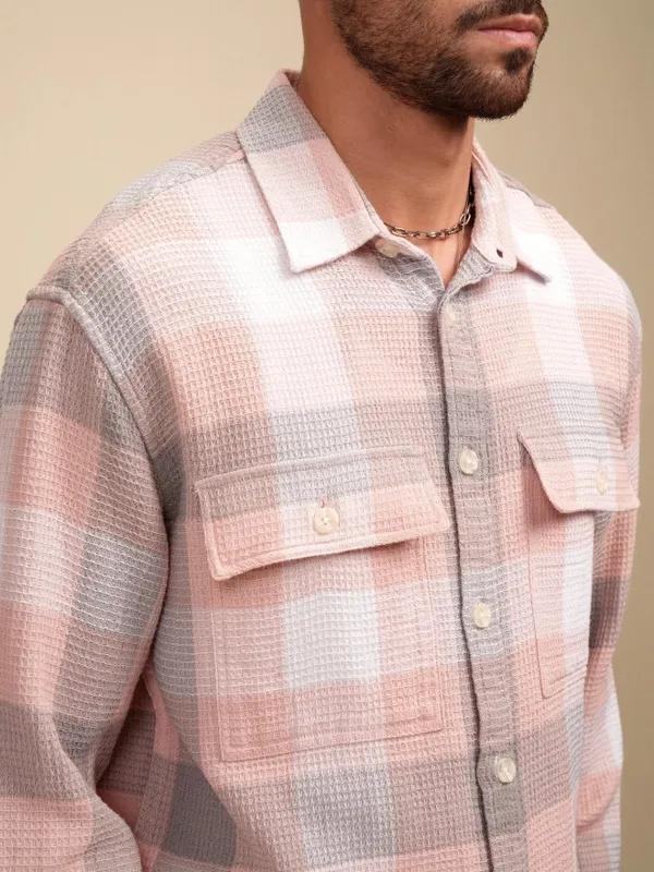 Locomotive Men Peach Checked Oversized Fit Casual Shirt