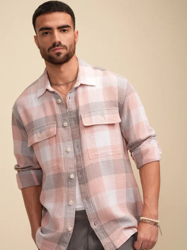 Locomotive Men Peach Checked Oversized Fit Casual Shirt