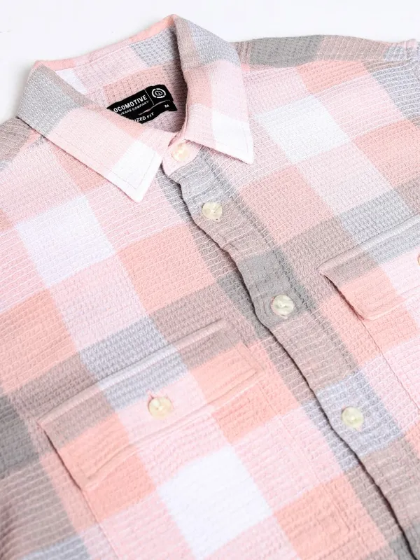 Locomotive Men Peach Checked Oversized Fit Casual Shirt