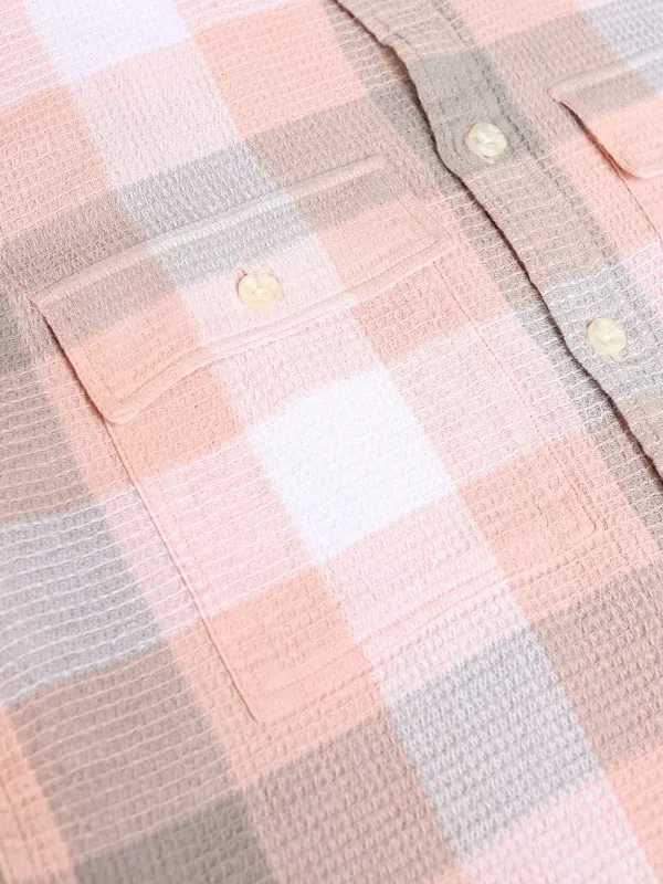 Locomotive Men Peach Checked Oversized Fit Casual Shirt