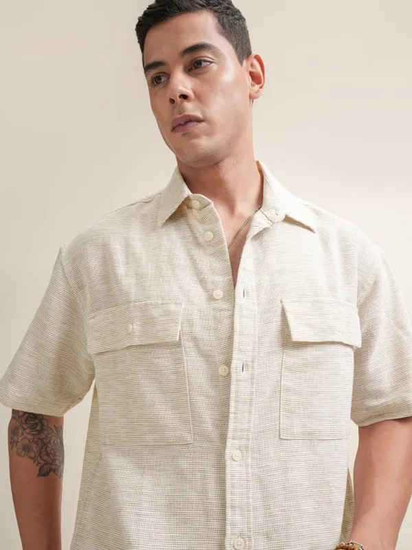 Locomotive Premium Men Beige Striped Oversized Fit Casual Shirt
