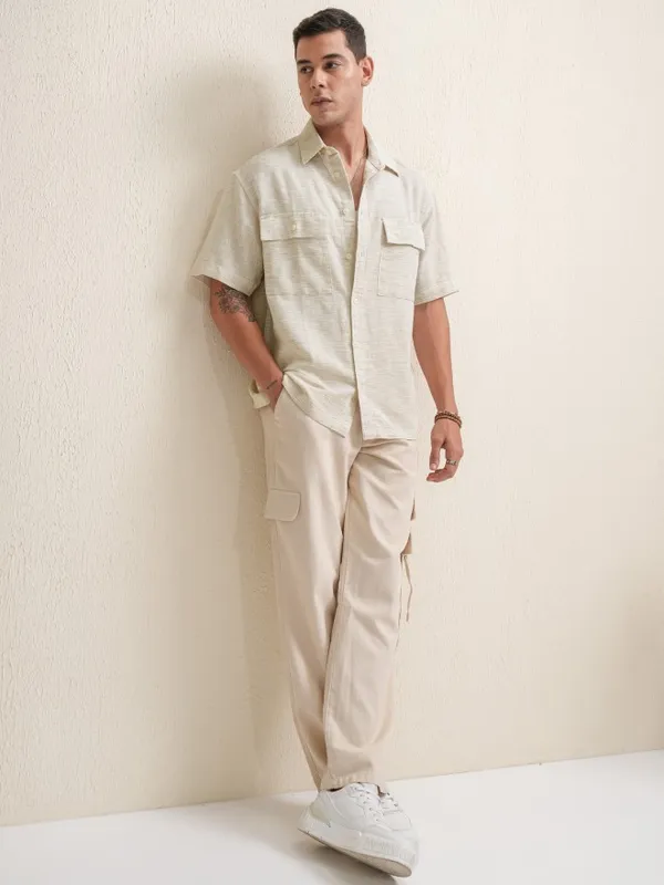 Locomotive Premium Men Beige Striped Oversized Fit Casual Shirt