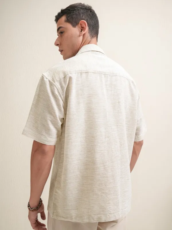 Locomotive Premium Men Beige Striped Oversized Fit Casual Shirt
