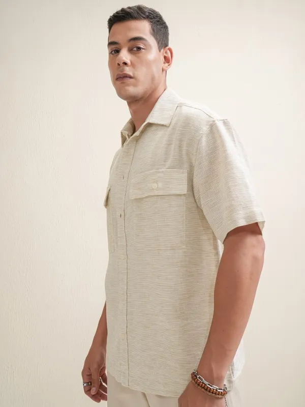 Locomotive Premium Men Beige Striped Oversized Fit Casual Shirt