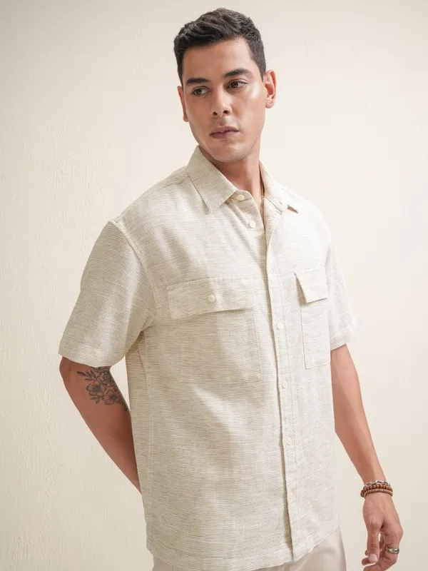 Locomotive Premium Men Beige Striped Oversized Fit Casual Shirt