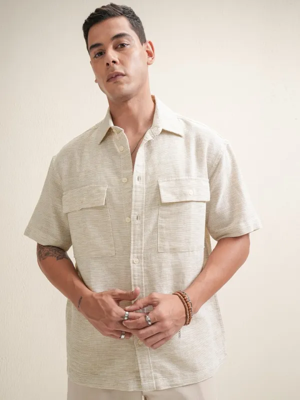 Locomotive Premium Men Beige Striped Oversized Fit Casual Shirt