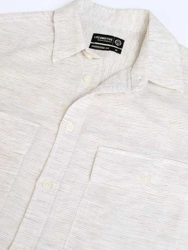 Locomotive Premium Men Beige Striped Oversized Fit Casual Shirt