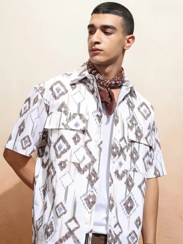 Highlander Men White Printed Oversized Fit Casual Shirt