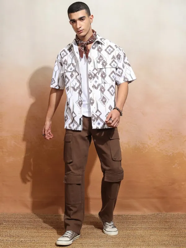 Highlander Men White Printed Oversized Fit Casual Shirt