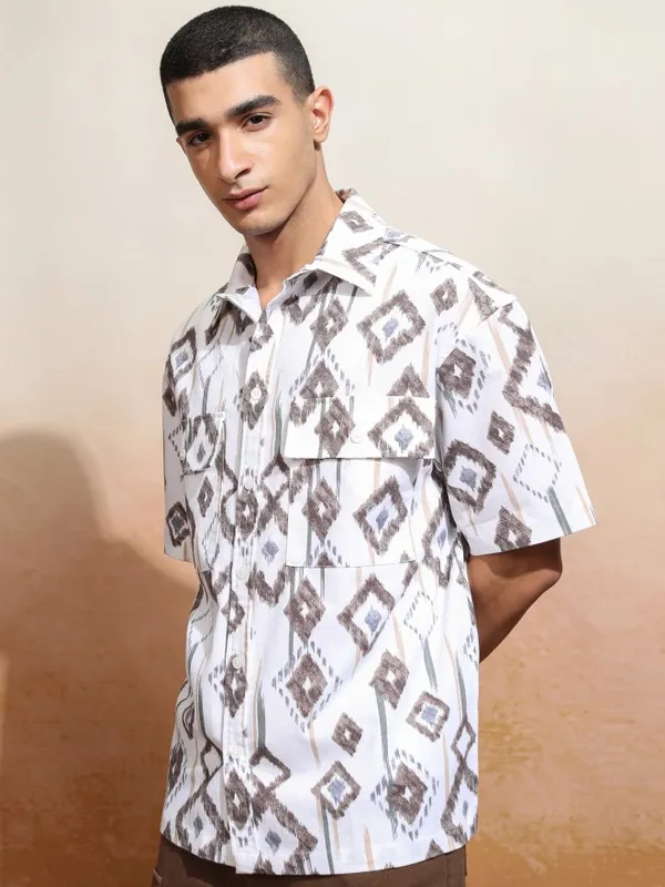 Highlander Men White Printed Oversized Fit Casual Shirt