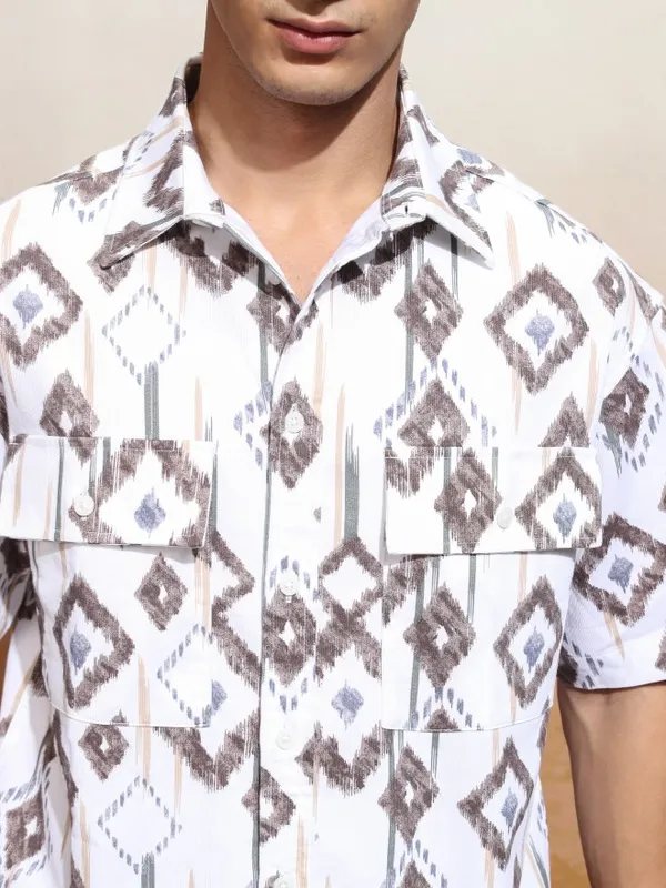 Highlander Men White Printed Oversized Fit Casual Shirt