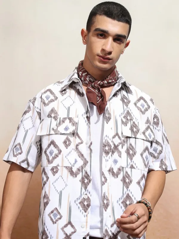 Highlander Men White Printed Oversized Fit Casual Shirt