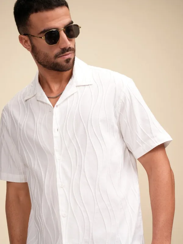 Locomotive Men White Self Design Relaxed Fit Casual Shirt
