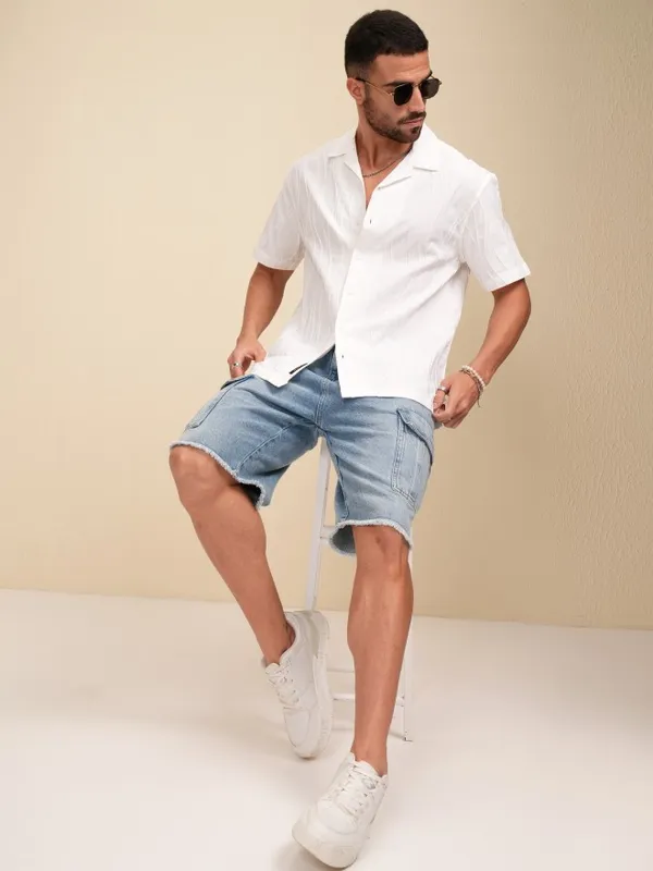 Locomotive Men White Self Design Relaxed Fit Casual Shirt