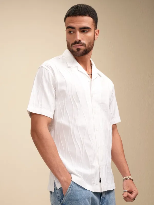 Locomotive Men White Self Design Relaxed Fit Casual Shirt