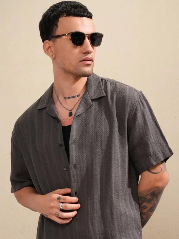 Highlander Men Grey Striped Oversized Fit Casual Shirt