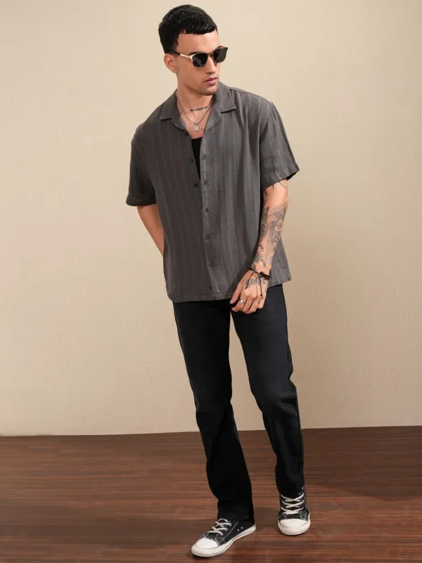 Highlander Men Grey Striped Oversized Fit Casual Shirt