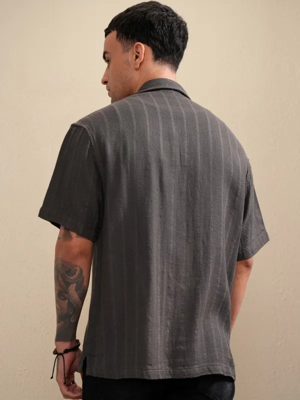 Highlander Men Grey Striped Oversized Fit Casual Shirt