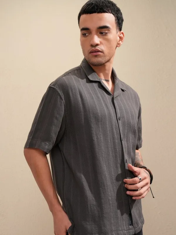 Highlander Men Grey Striped Oversized Fit Casual Shirt