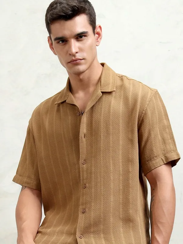 Highlander Men Brown Striped Oversized Fit Casual Shirt