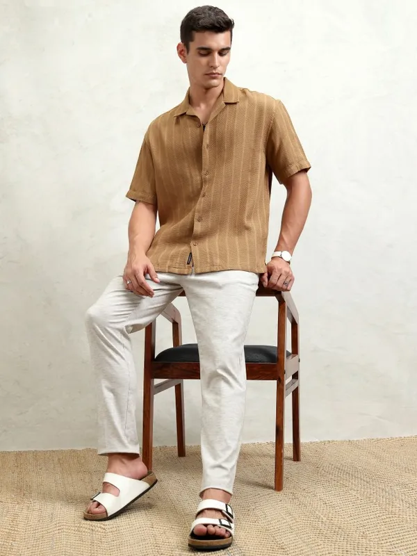 Highlander Men Brown Striped Oversized Fit Casual Shirt