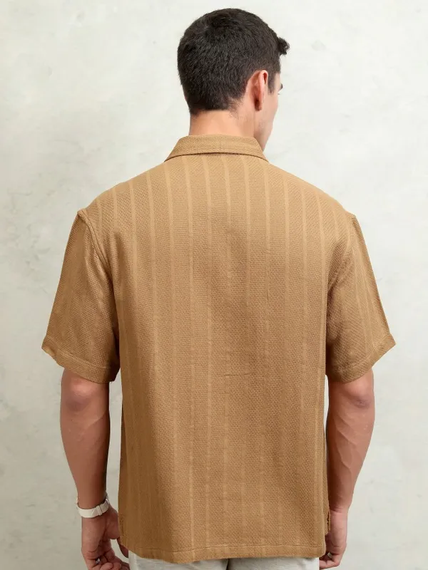 Highlander Men Brown Striped Oversized Fit Casual Shirt