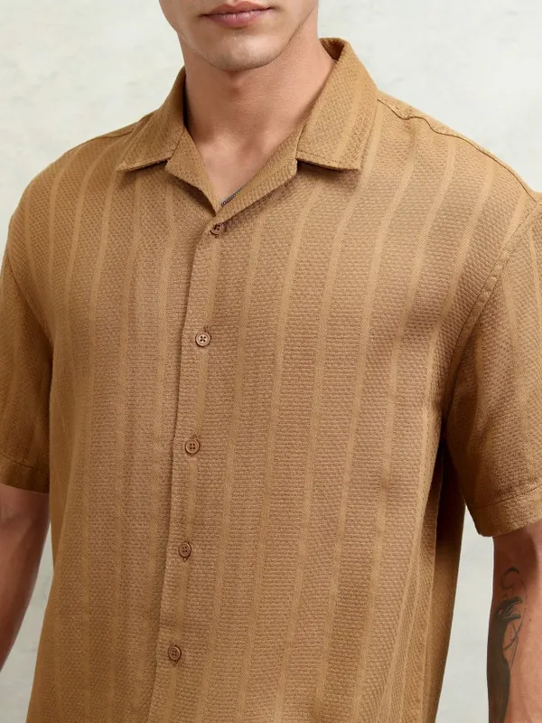 Highlander Men Brown Striped Oversized Fit Casual Shirt