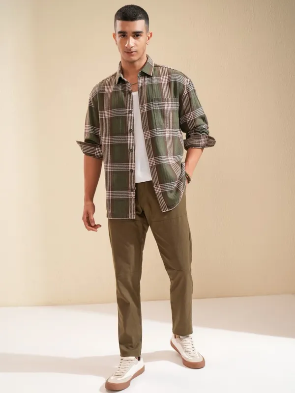 Highlander Men Olive Checked Oversized Fit Casual Shirt