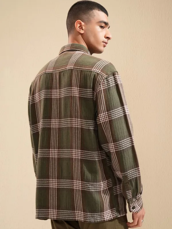 Highlander Men Olive Checked Oversized Fit Casual Shirt