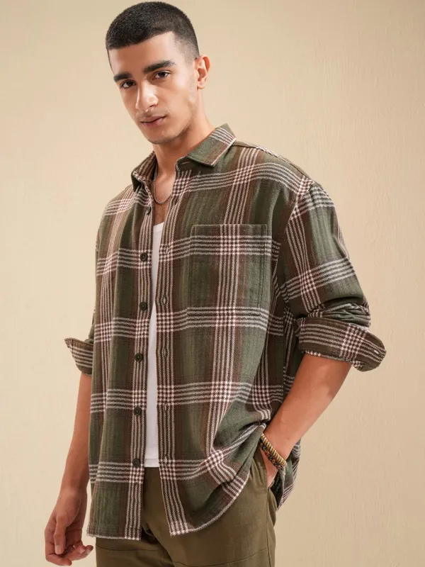 Highlander Men Olive Checked Oversized Fit Casual Shirt