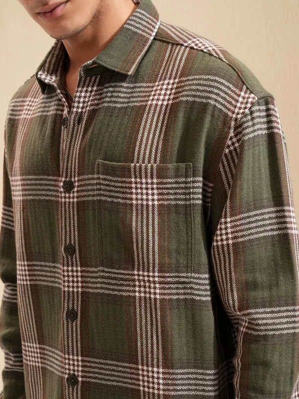 Highlander Men Olive Checked Oversized Fit Casual Shirt